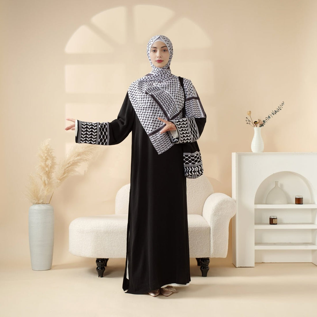 Modest Muslim Women's Open Abaya with Filisteen Keffiyah - M1473 Black