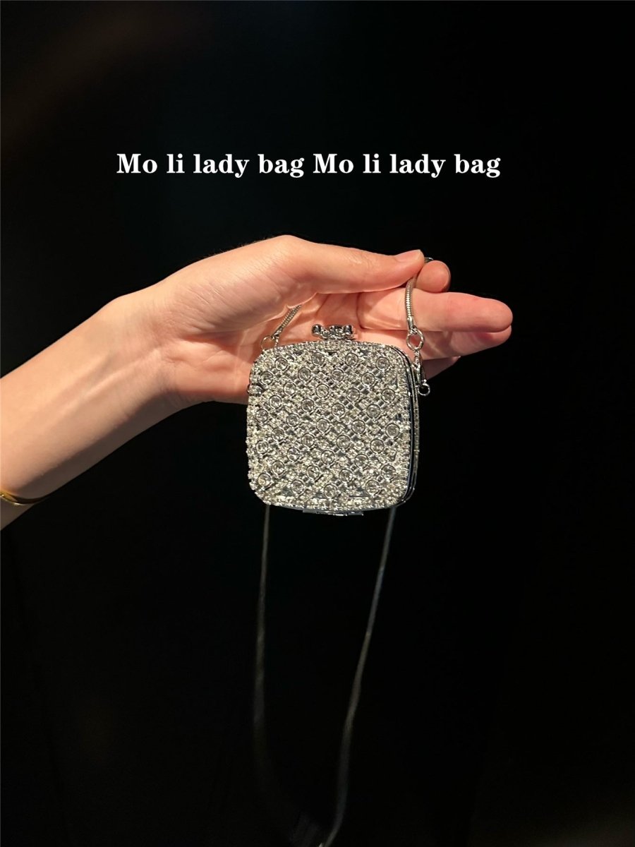 ‌Palm - Sized Diamond Mini Clutch Silver Glamour Gala Bag (MAC281) - Mariam's Collection