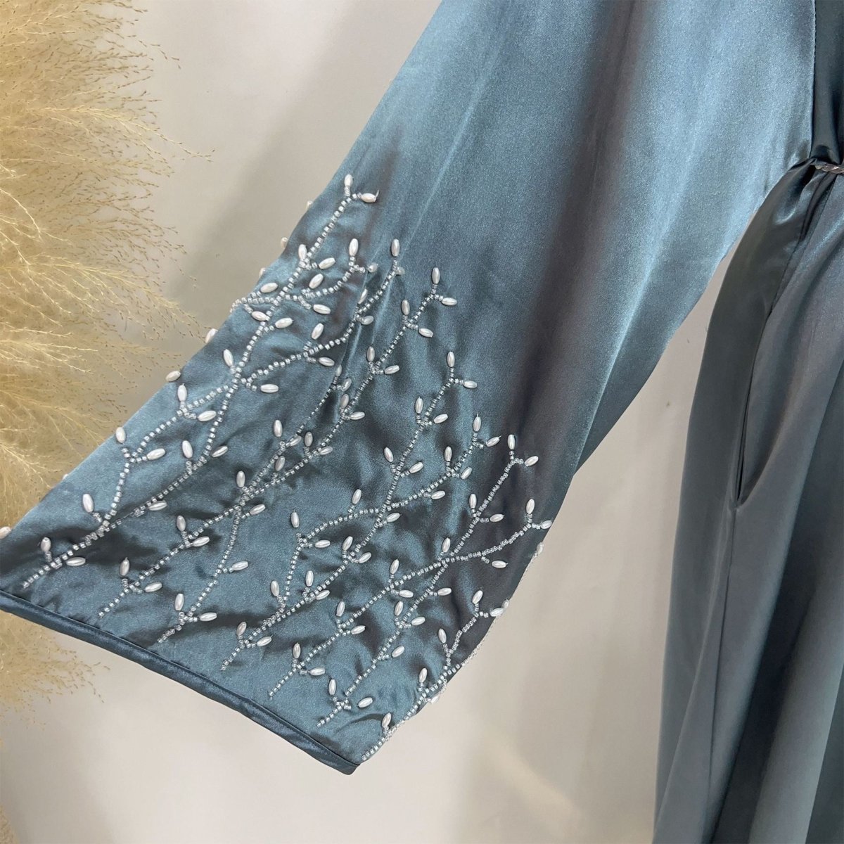 Party Abaya 2 - Piece Set With Solid Colour And Handmade Beads (MOA054) - Mariam's Collection