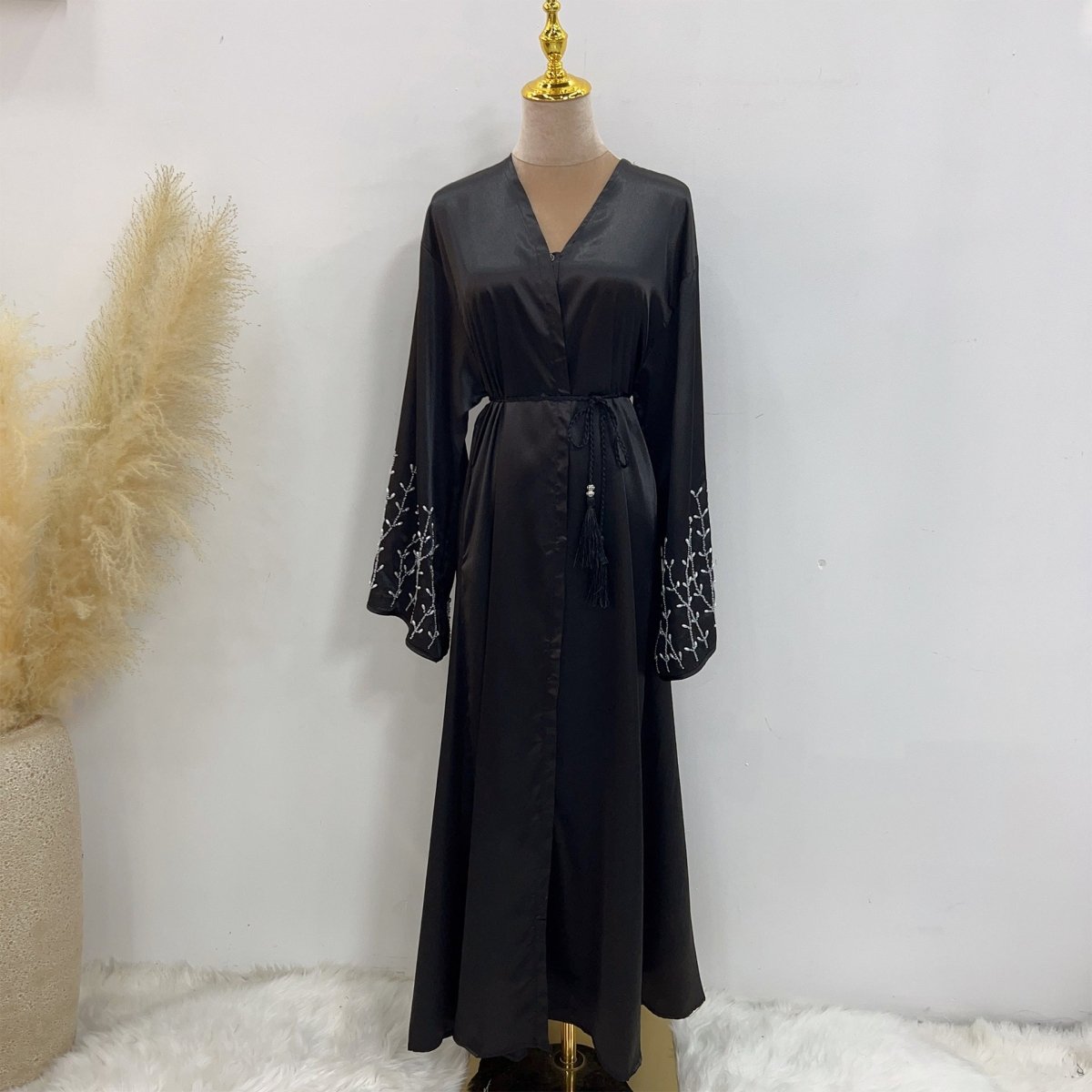 Party Abaya 2 - Piece Set With Solid Colour And Handmade Beads (MOA054) - Mariam's Collection