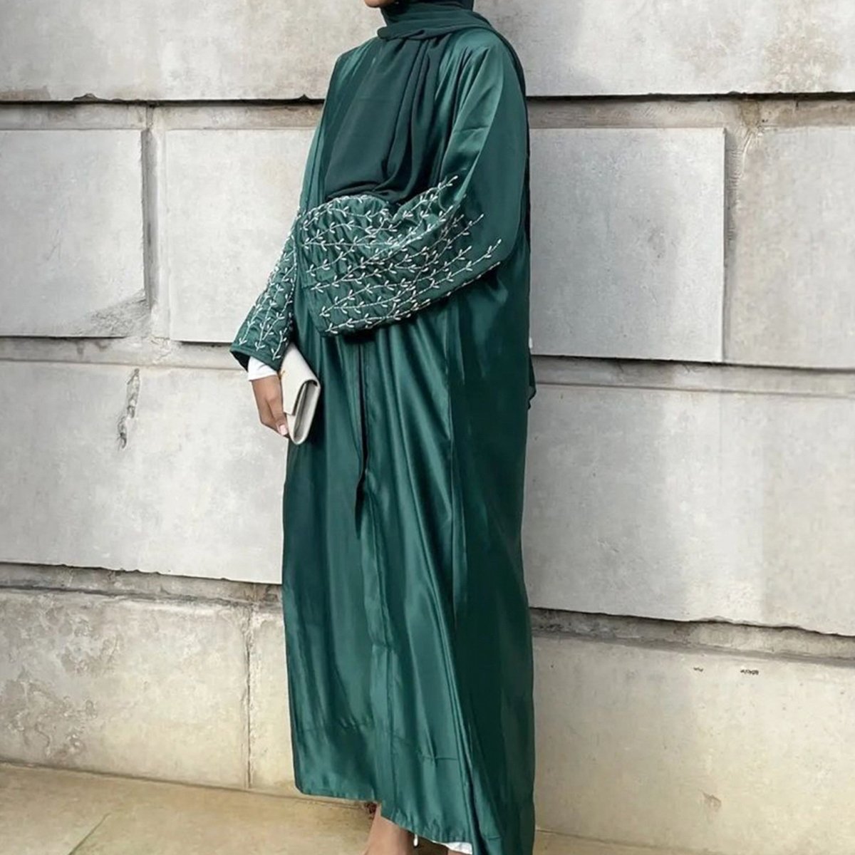 Party Abaya 2 - Piece Set With Solid Colour And Handmade Beads (MOA054) - Mariam's Collection
