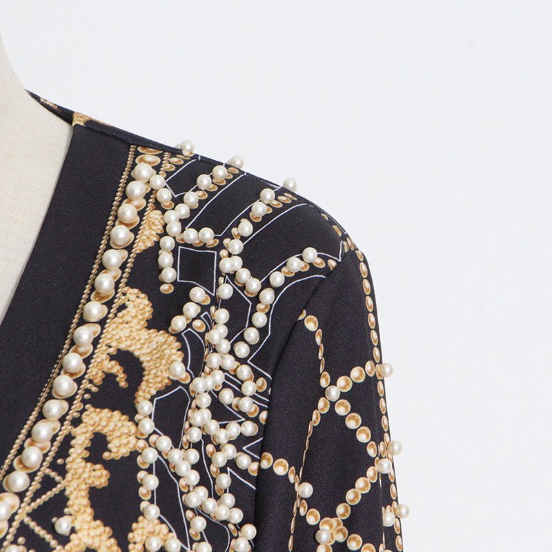 Pearl & Bead Embellished Vintage Blazer | Geometric Print Luxury Jacket(MS218) - Mariam's Collection