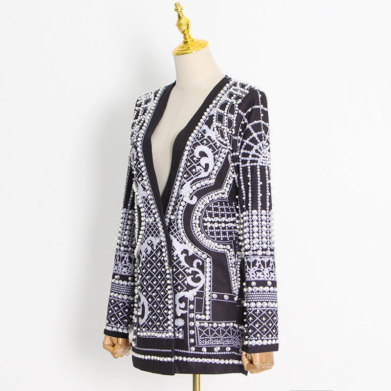 Pearl & Bead Embellished Vintage Blazer | Geometric Print Luxury Jacket(MS218) - Mariam's Collection