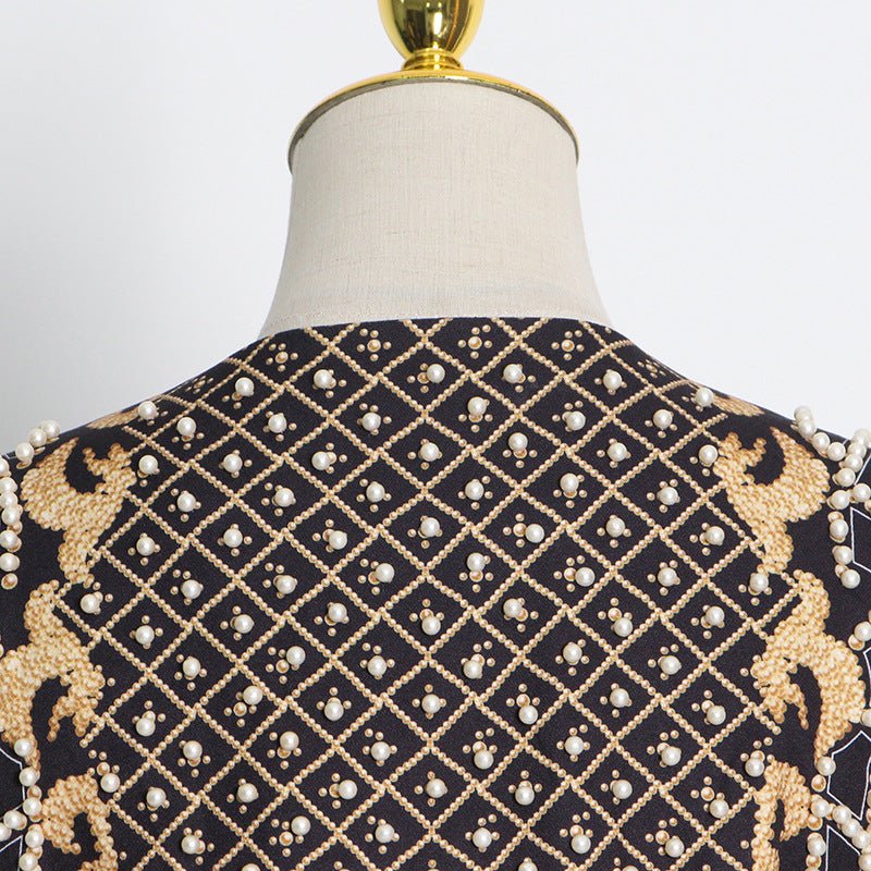 Pearl & Bead Embellished Vintage Blazer | Geometric Print Luxury Jacket(MS218) - Mariam's Collection