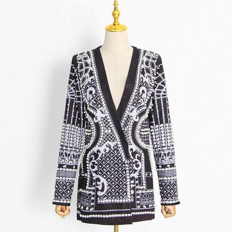 Pearl & Bead Embellished Vintage Blazer | Geometric Print Luxury Jacket(MS218) - Mariam's Collection
