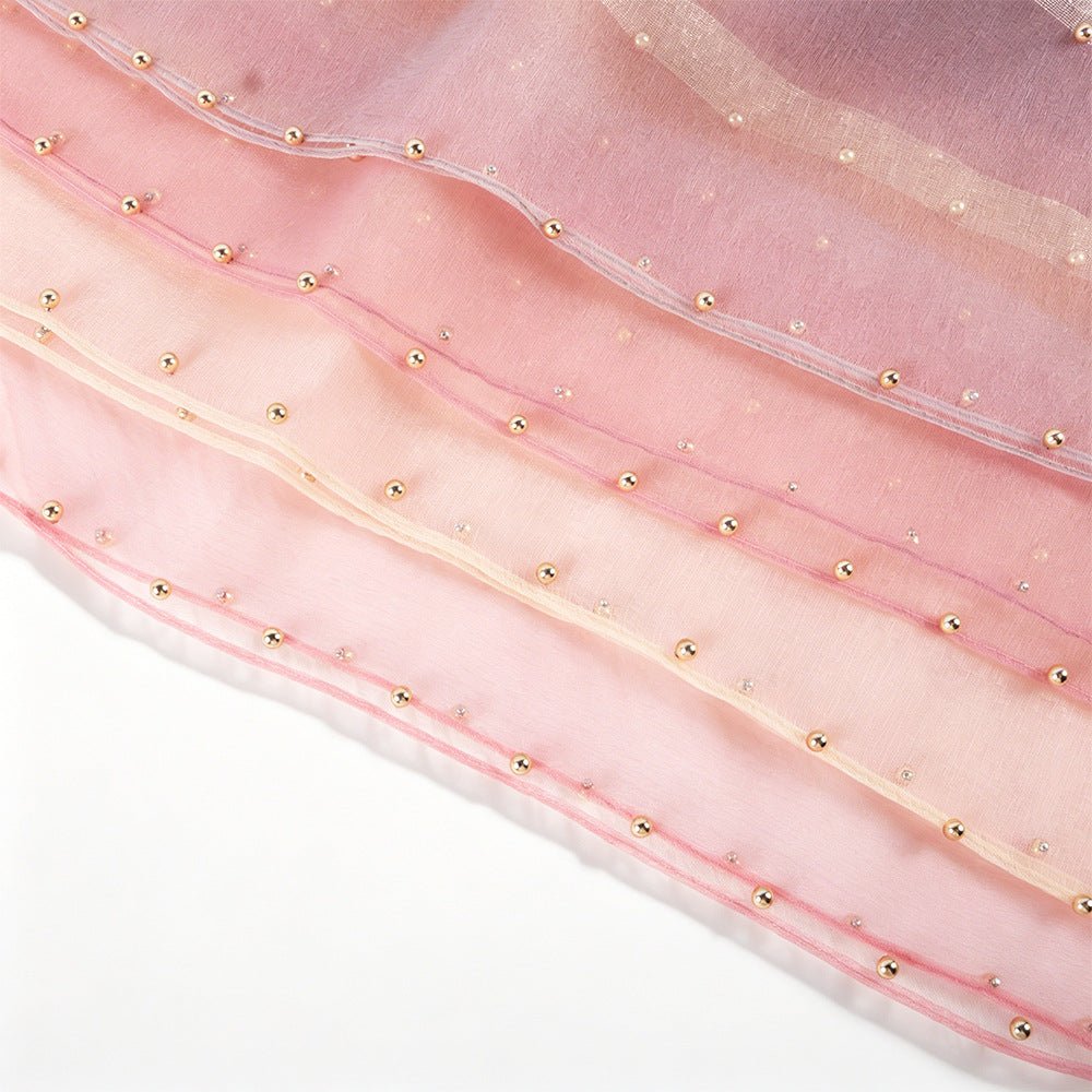 Pearl Beaded Gold Border Chiffon Hijab Shawl(MH236) - Mariam's Collection