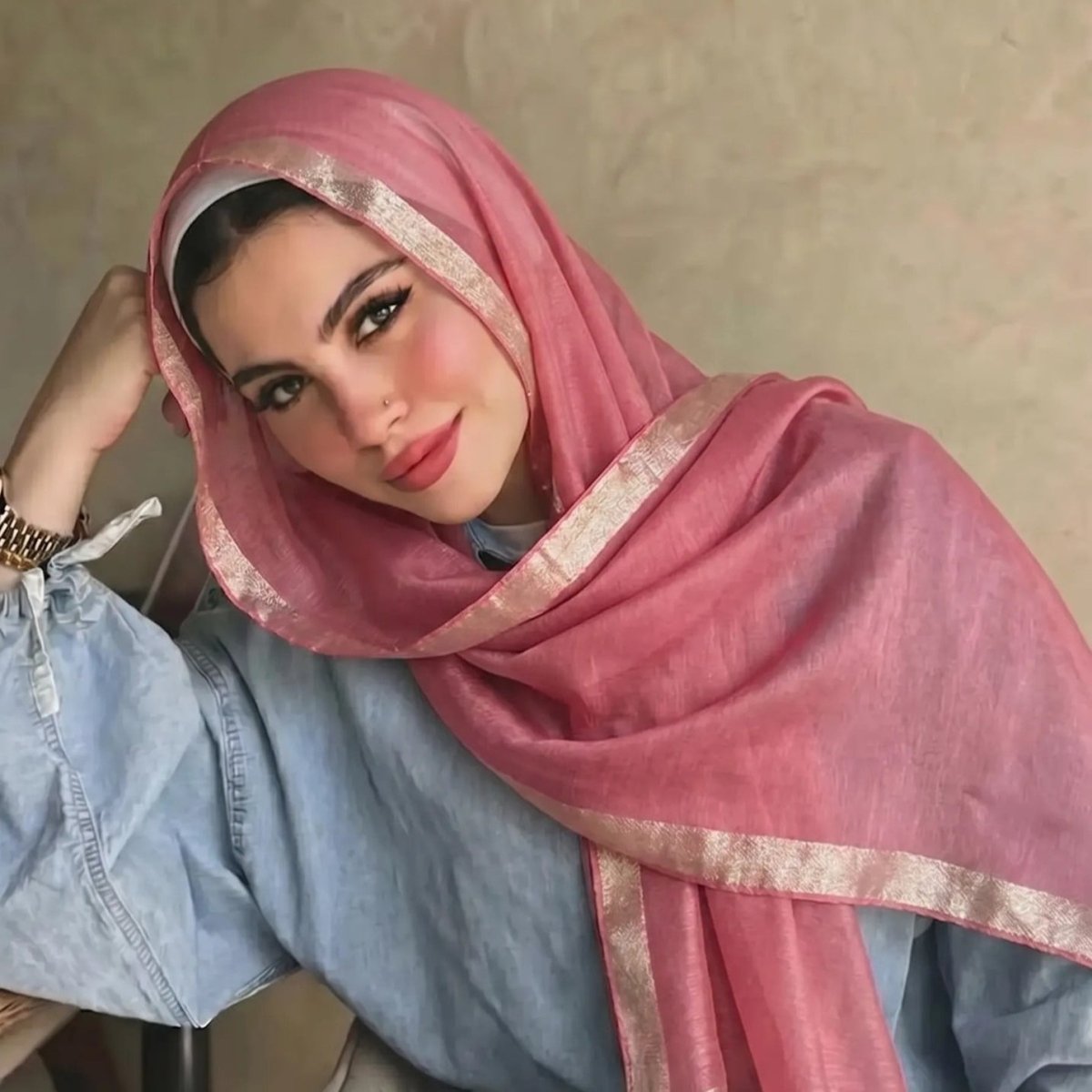 Pearl Beaded Gold Border Chiffon Hijab Shawl(MH236) - Mariam's Collection