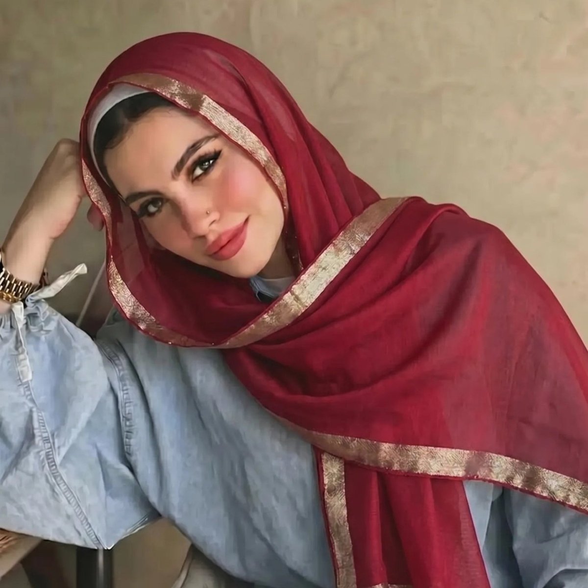 Pearl Beaded Gold Border Chiffon Hijab Shawl(MH236) - Mariam's Collection