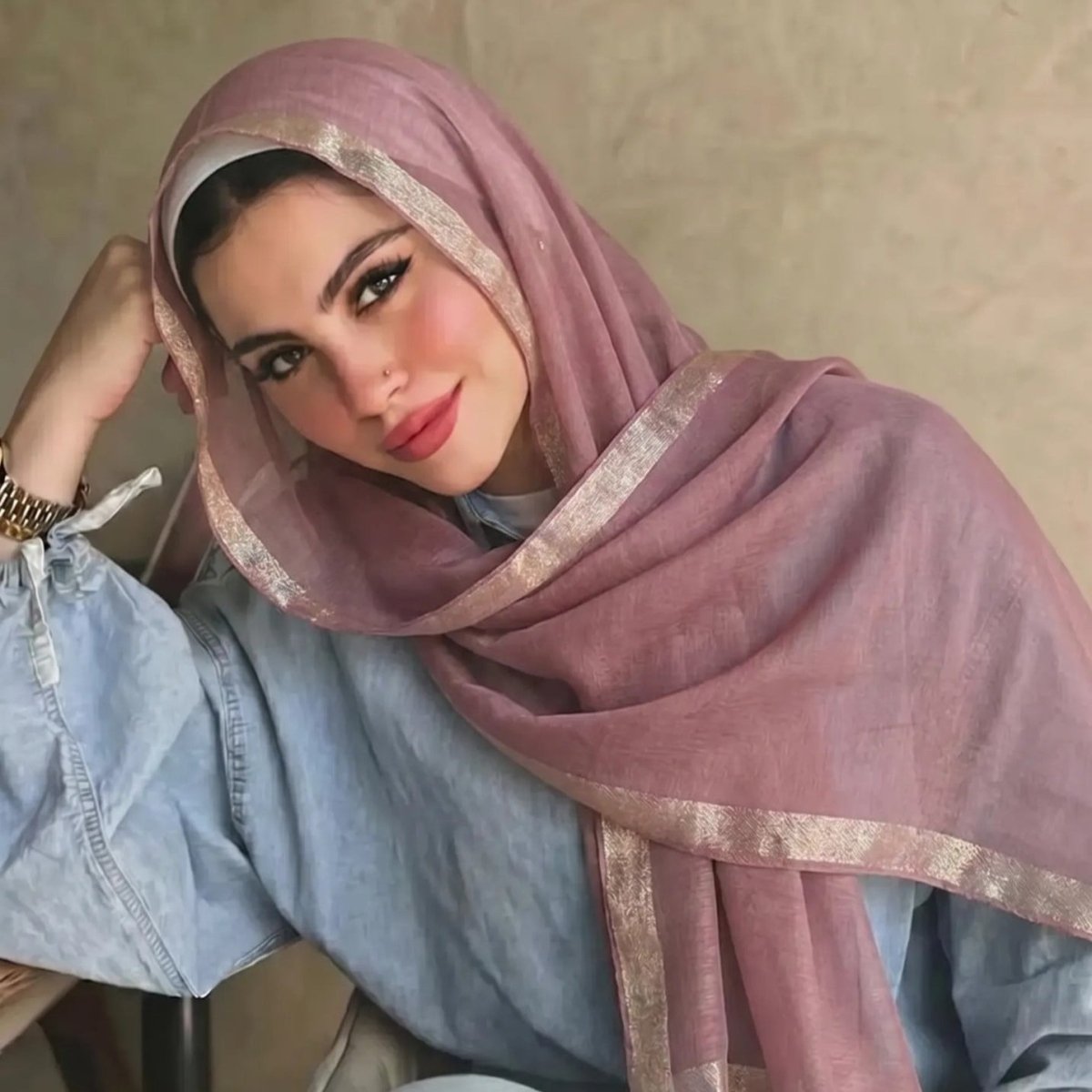 Pearl Beaded Gold Border Chiffon Hijab Shawl(MH236) - Mariam's Collection