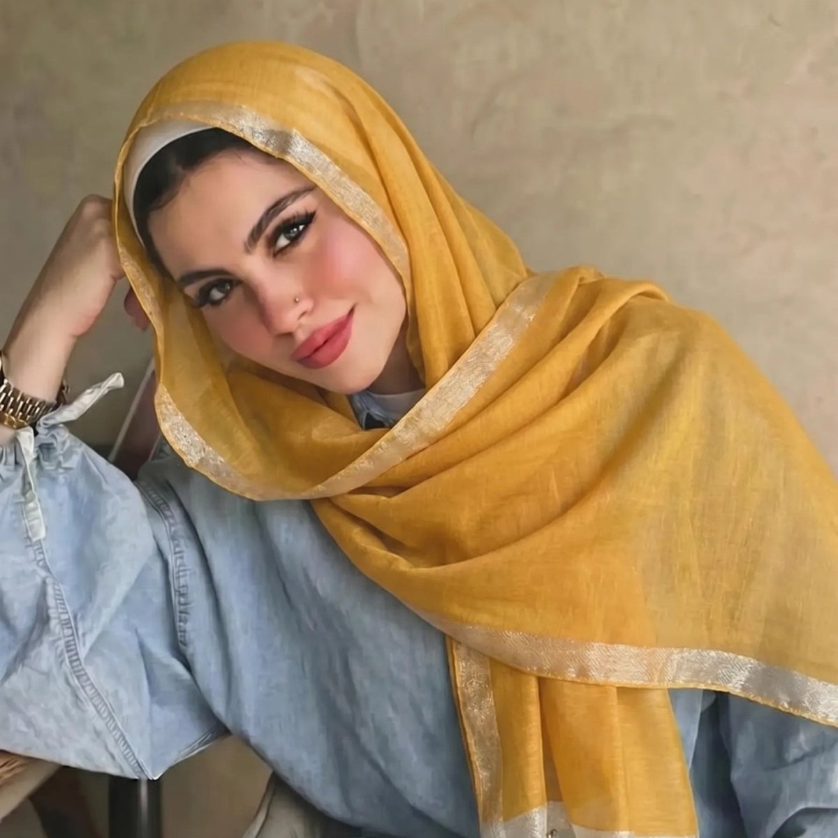 Pearl Beaded Gold Border Chiffon Hijab Shawl(MH236) - Mariam's Collection