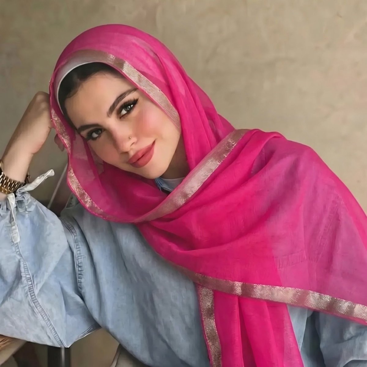 Pearl Beaded Gold Border Chiffon Hijab Shawl(MH236) - Mariam's Collection