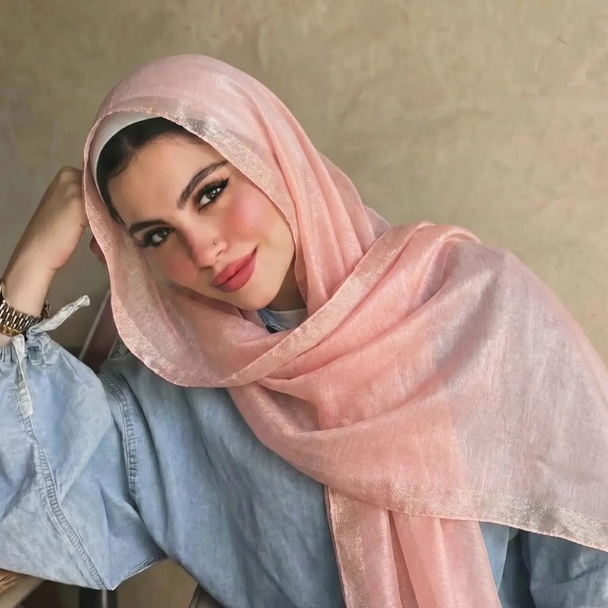 Pearl Beaded Gold Border Chiffon Hijab Shawl(MH236) - Mariam's Collection