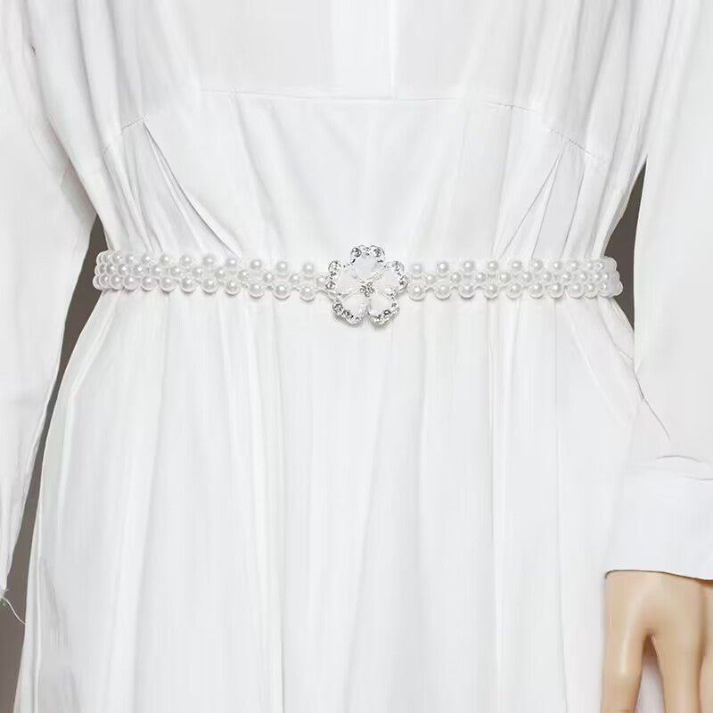 Pearl Elastic Waist Belt | Rhinestone Flower Stretch Belt(MAC362) - Mariam's Collection