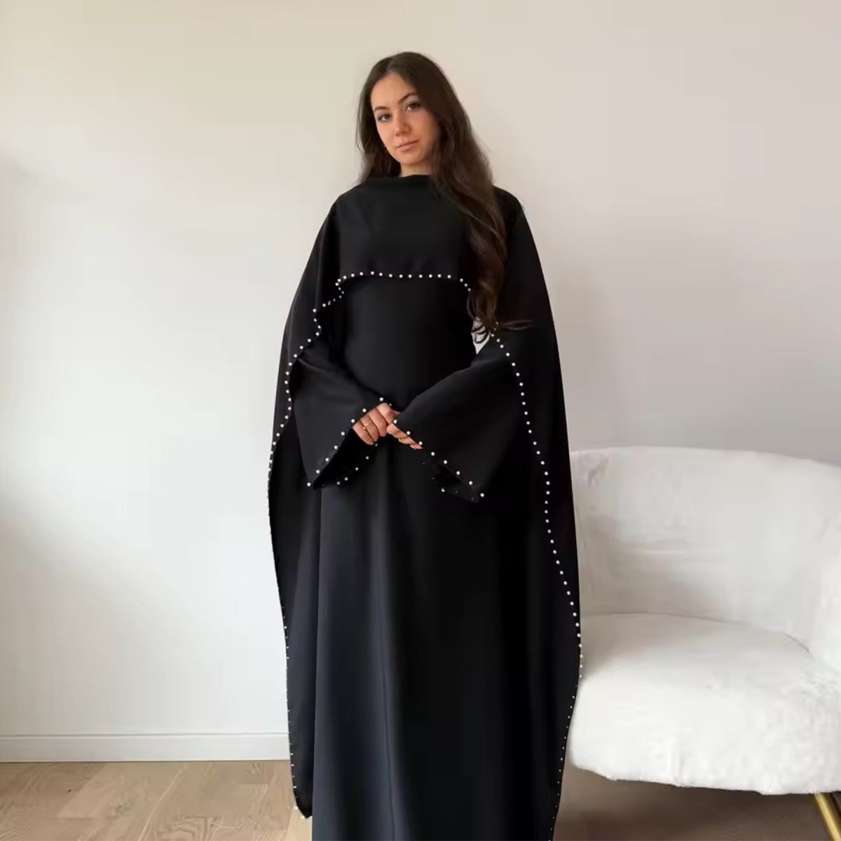 Pearl Embellished Kaftan Abaya | Luxury Cape Sleeve Maxi Dress(MA382) - Mariam's Collection