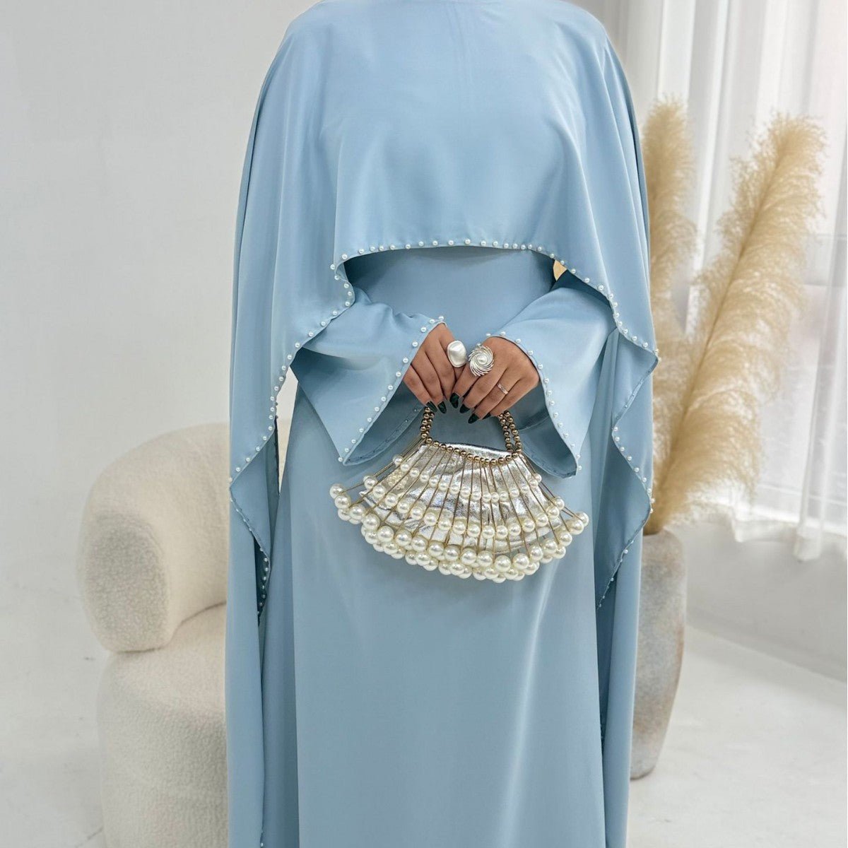 Pearl Embellished Kaftan Abaya | Luxury Cape Sleeve Maxi Dress(MA382) - Mariam's Collection
