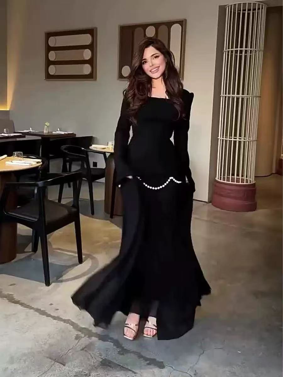 pearl embellished black dress Miss Circle Women Rachael Black Velvet Pearl Embellished Gown