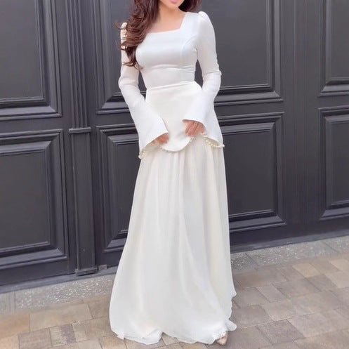 Pearl-Embellished Square Neck Maxi Dress