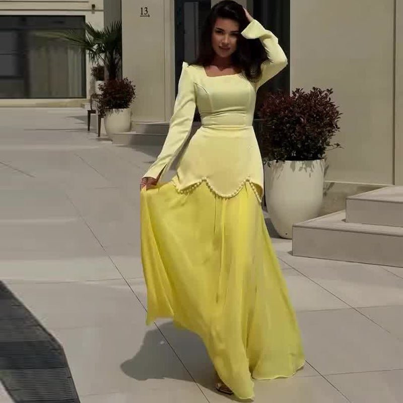 long sleeve dress modest Pearl-Embellished Square Neck Maxi Dress