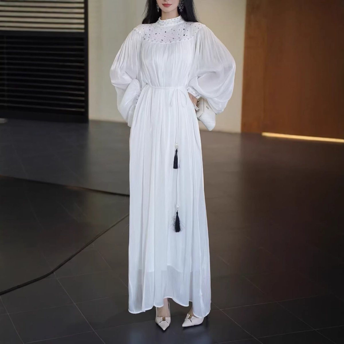 Pearl Embellished Yoke Maxi Dress(MS385) - Mariam's Collection