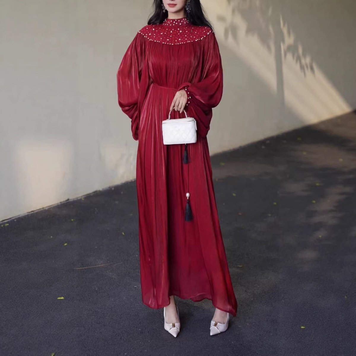 Pearl Embellished Yoke Maxi Dress(MS385) - Mariam's Collection