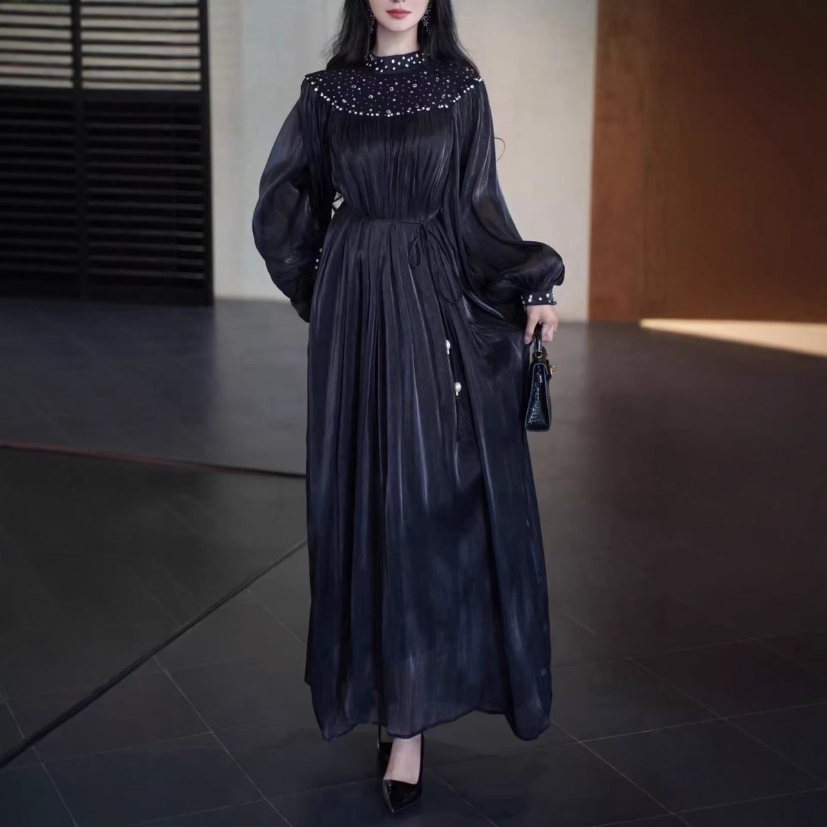 Pearl Embellished Yoke Maxi Dress(MS385) - Mariam's Collection