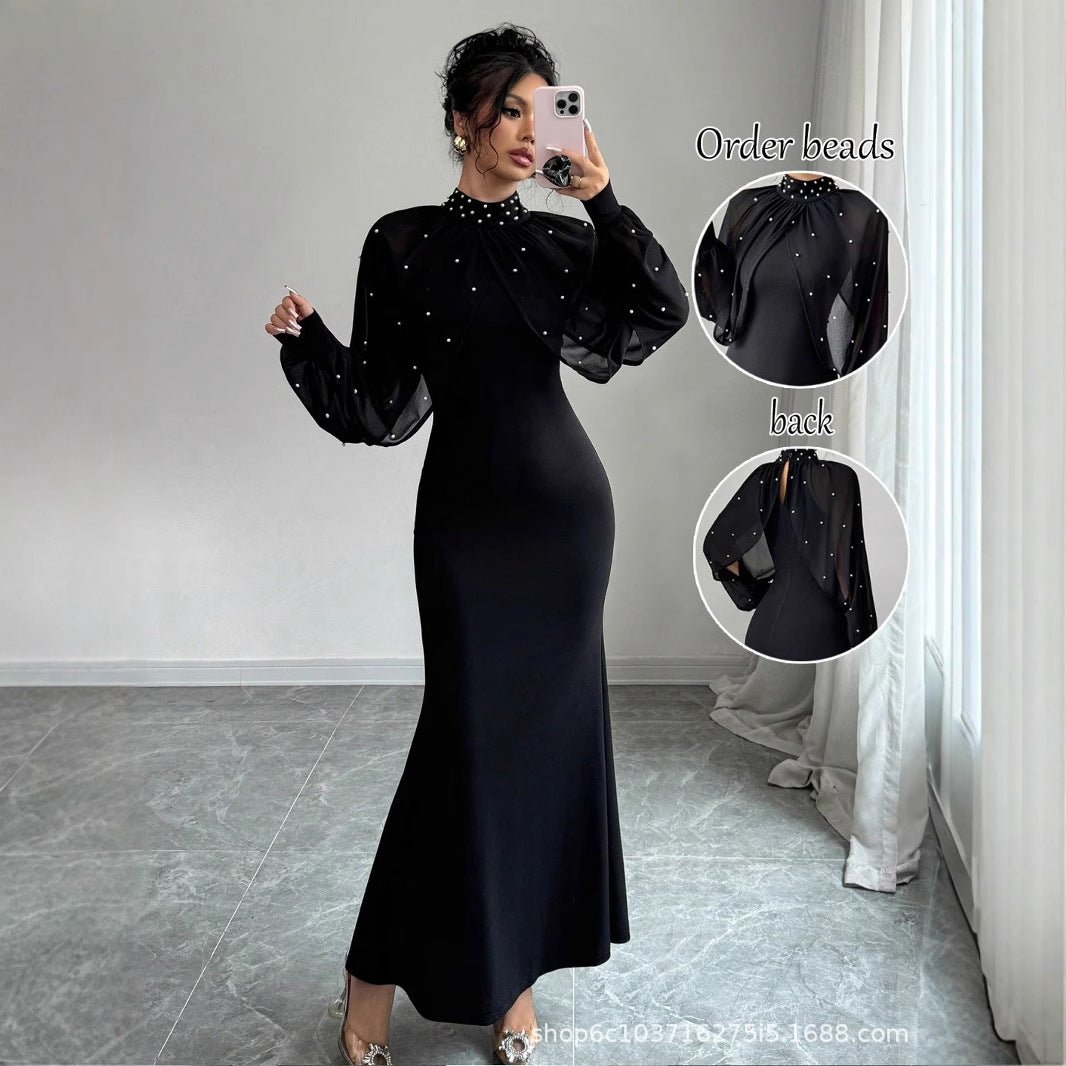 Pearl - Studded Dress with Sheer Puff Sleeves(MS328) - Mariam's Collection