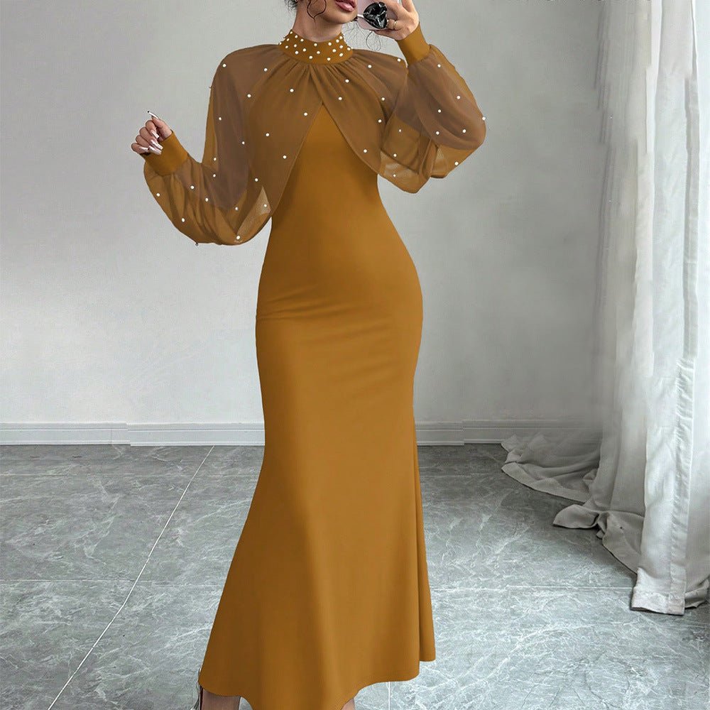 Pearl-Studded Sheer Puff Sleeve Dress – Formal Maxi Dress