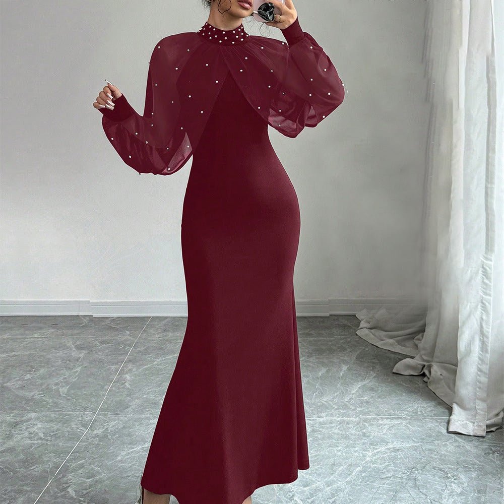 Pearl-Studded Sheer Puff Sleeve Dress – Formal Maxi Dress