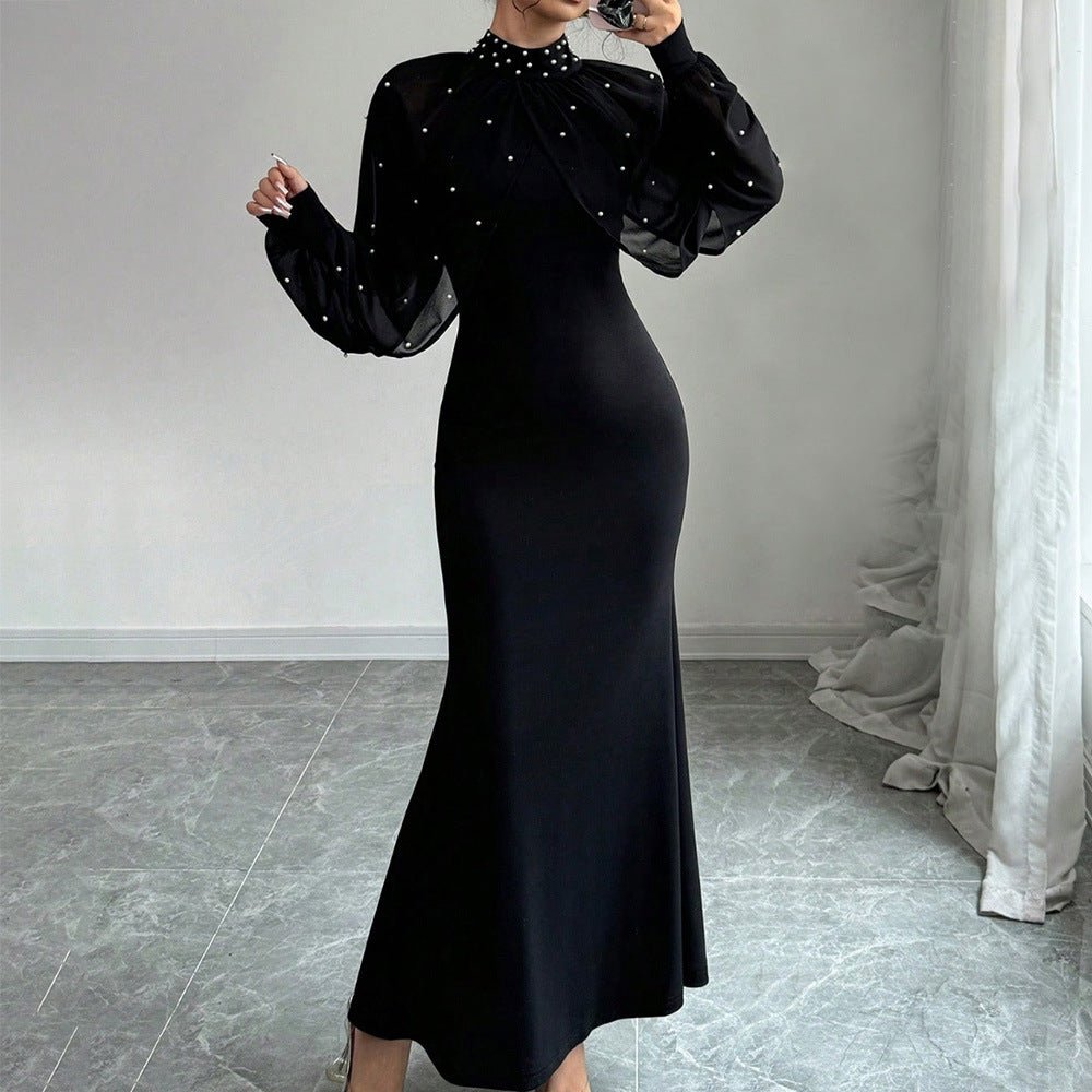 black studded dress long sleeves Long Sleeve Studded Mesh Two Piece Dress Black