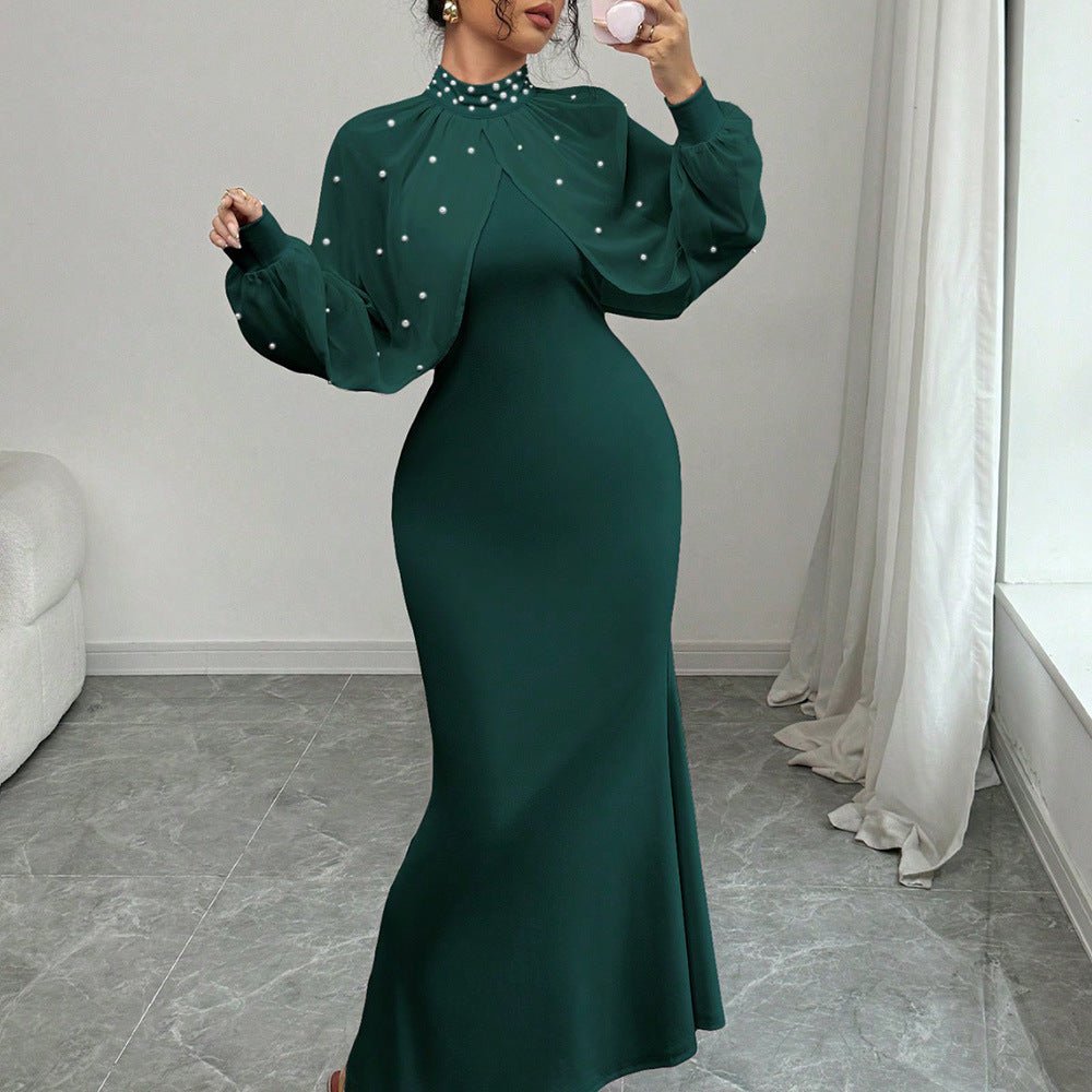 Pearl-Studded Sheer Puff Sleeve Dress – Formal Maxi Dress