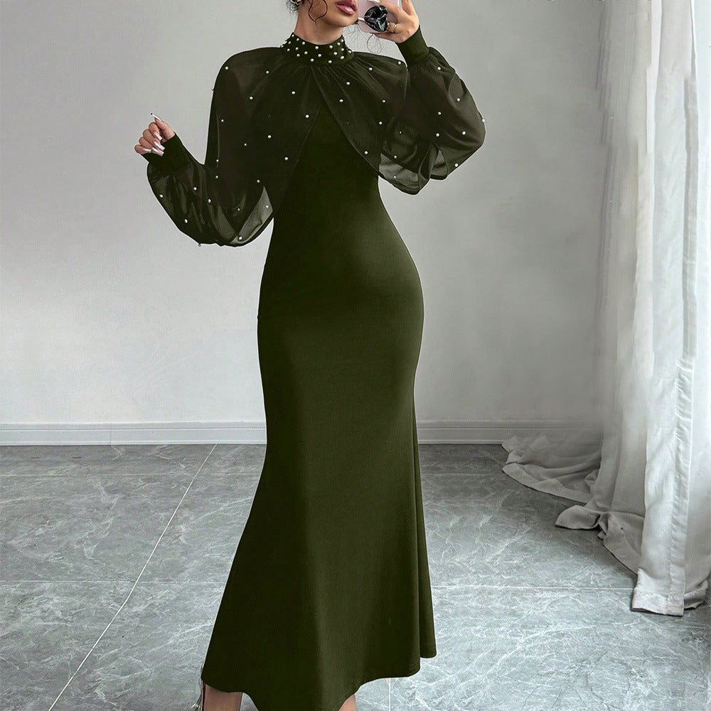 Pearl-Studded Sheer Puff Sleeve Dress – Formal Maxi Dress