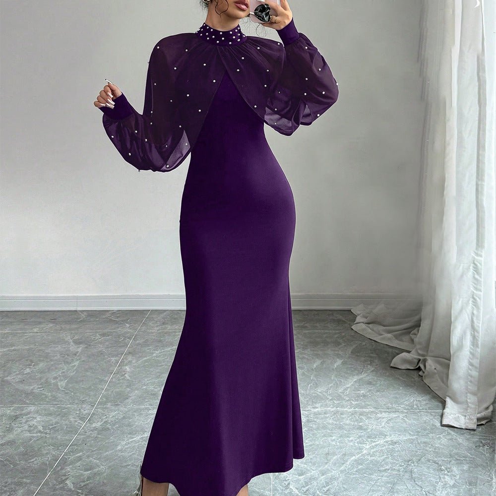 Pearl-Studded Sheer Puff Sleeve Dress – Formal Maxi Dress
