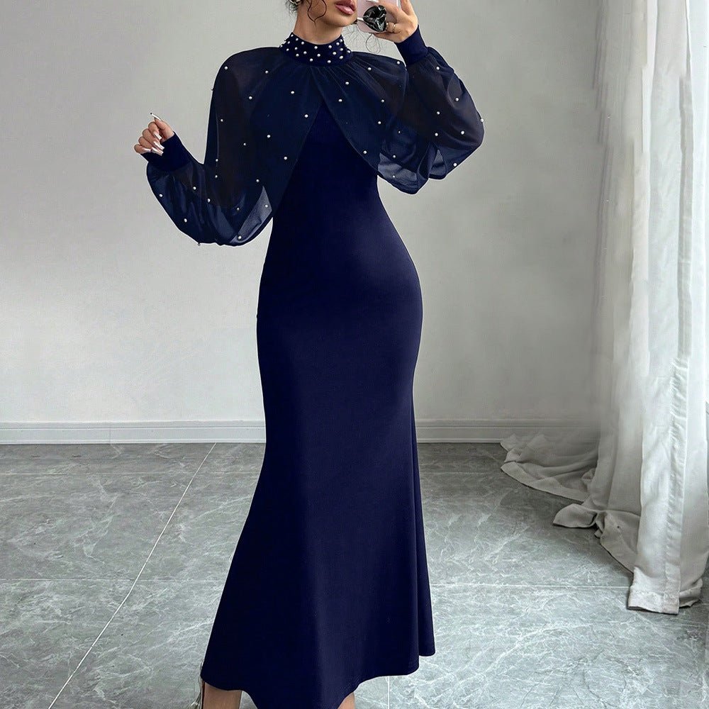 black dress with sheer sleeves and pearls Pearl-Studded Sheer Puff Sleeve Dress  Formal Maxi Dress Black / S