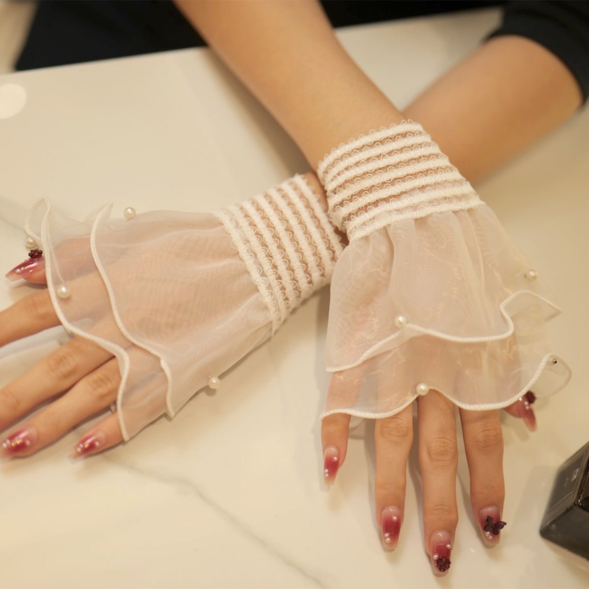 Pearl Trim Organza Ruffle Cuff Sleeves — Detachable Pearl Wrist Accessories