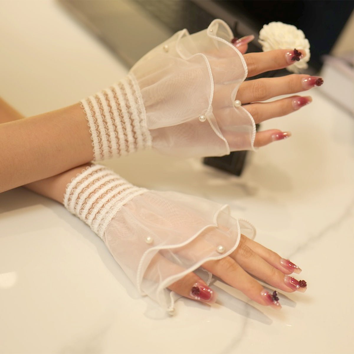 Pearl Trim Organza Ruffle Cuff Sleeves — Detachable Pearl Wrist Accessories