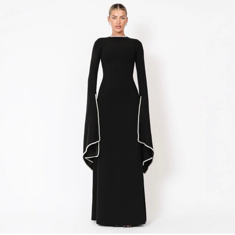 Pearl-Trimmed Cape Sleeve Evening Gown