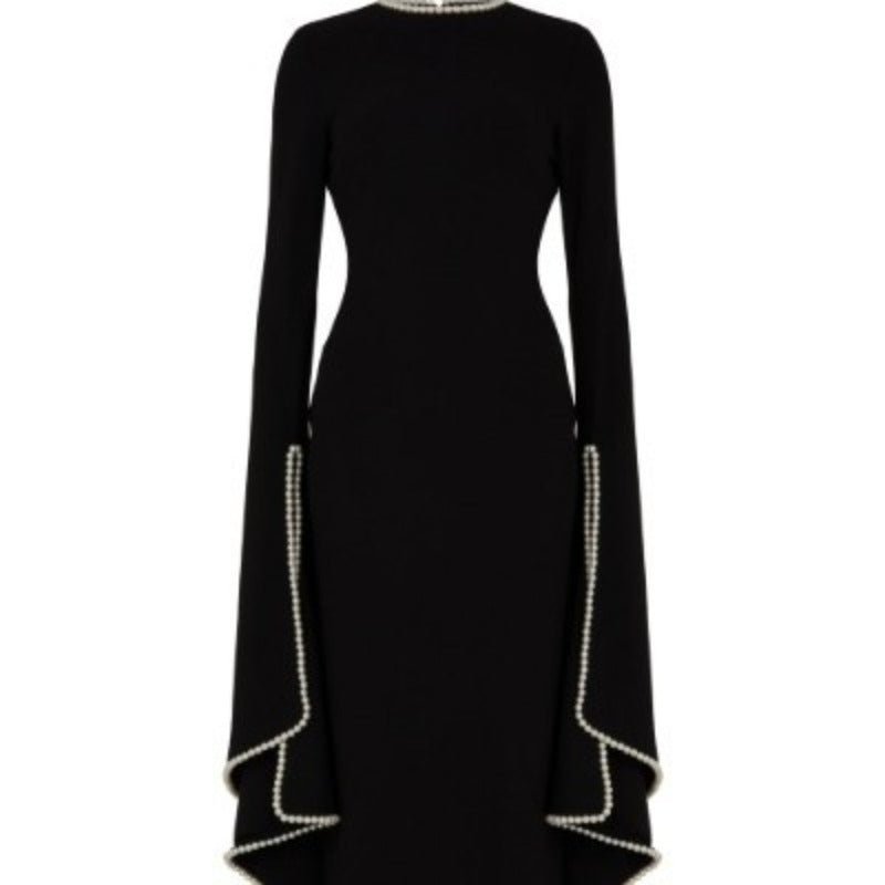 Pearl - Trimmed Cape Sleeve Evening Gown | Fitted Black Maxi Dress(MA355) - Mariam's Collection
