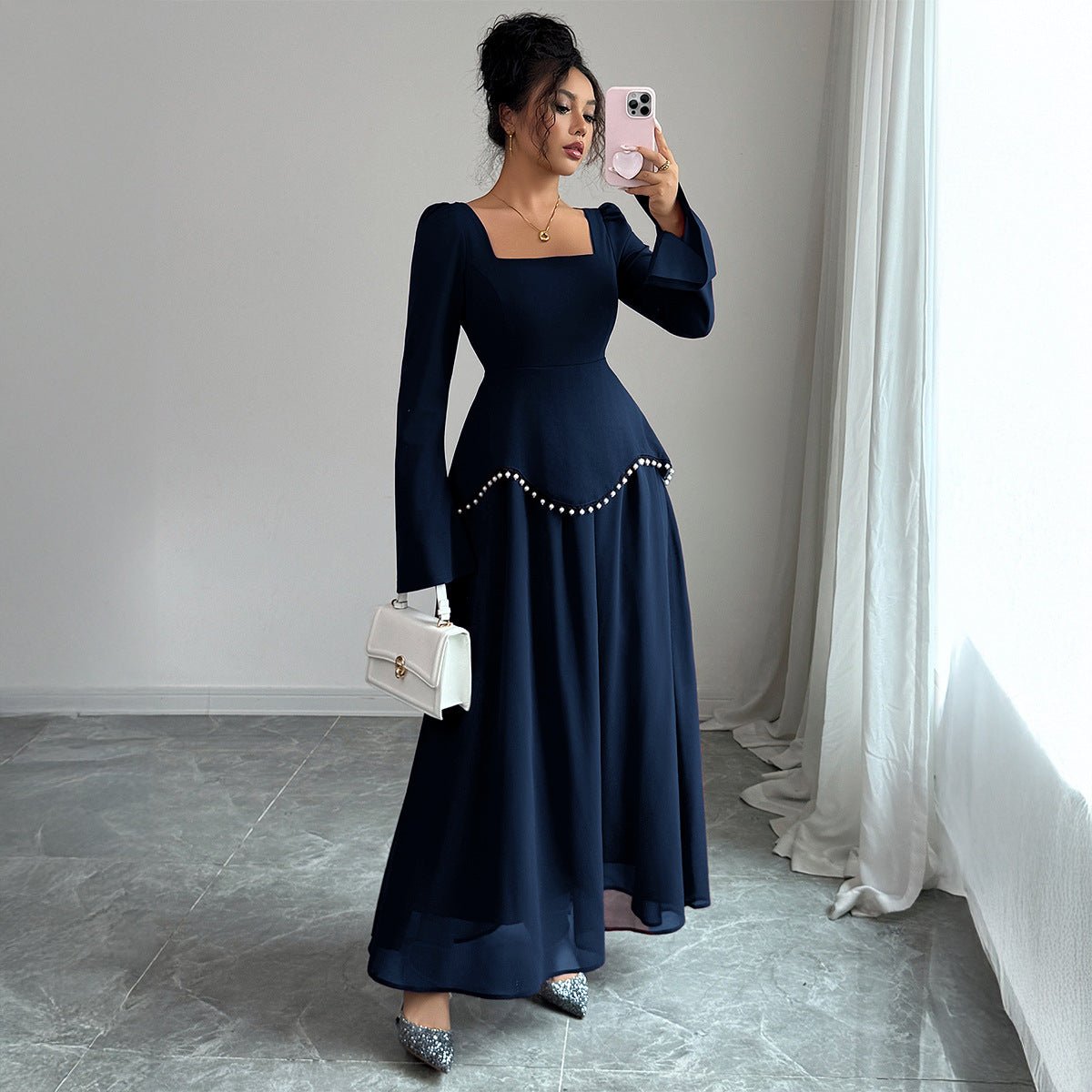 Pearl - Trimmed Peplum Dress with Square Neckline(MS326) - Mariam's Collection