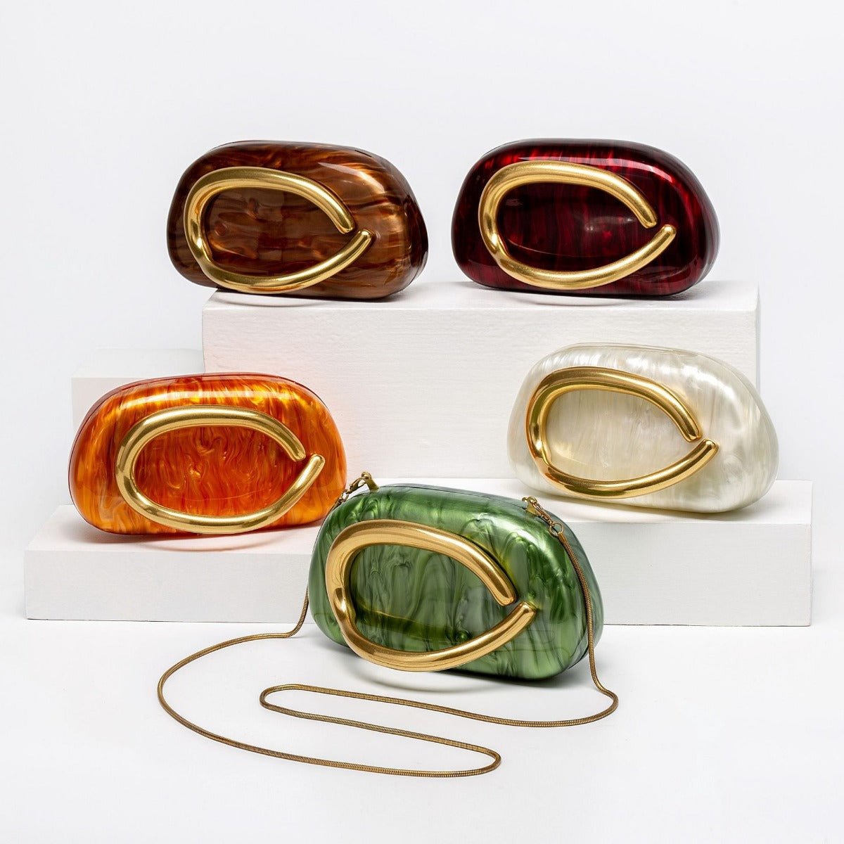 Pearlized Acrylic Gold - Tone Ring Handle Evening Bag - Wedding Banquet Shoulder Messenger Purse. (MAC250) - Mariam's Collection
