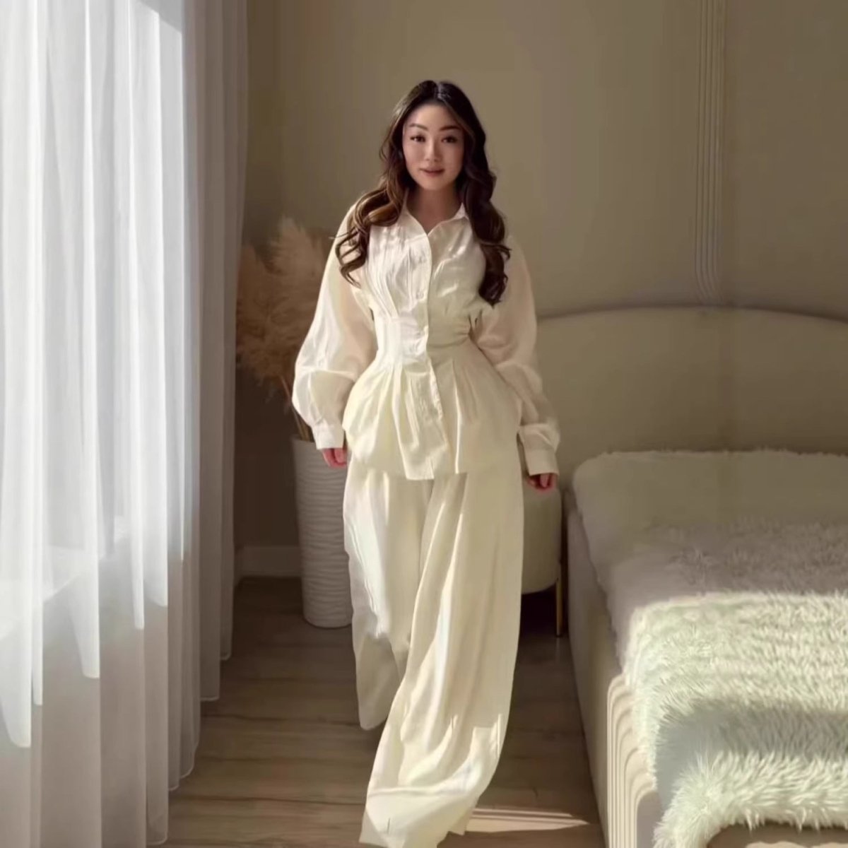 Peplum Shirt & Wide-Leg Trousers Co-ord Set(MS481) - Mariam's Collection