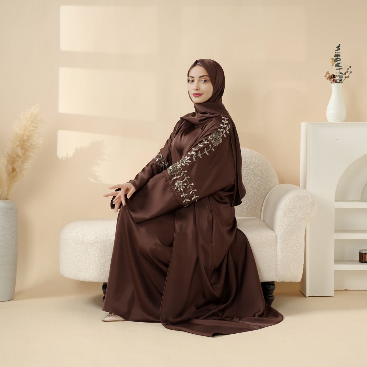 Perfect for Eid Celebrations Elegant Dark Brown Three - Piece Bead Embroidery Eid Abaya (MOA112) - Mariam's Collection