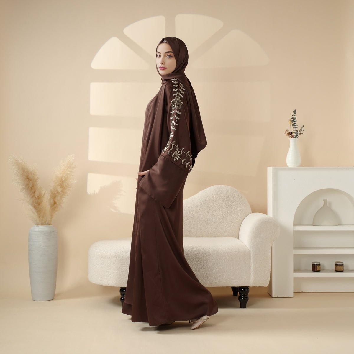 Perfect for Eid Celebrations Elegant Dark Brown Three - Piece Bead Embroidery Eid Abaya (MOA112) - Mariam's Collection