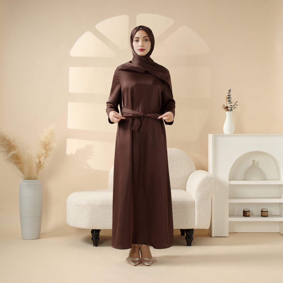 Perfect for Eid Celebrations Elegant Dark Brown Three - Piece Bead Embroidery Eid Abaya (MOA112) - Mariam's Collection