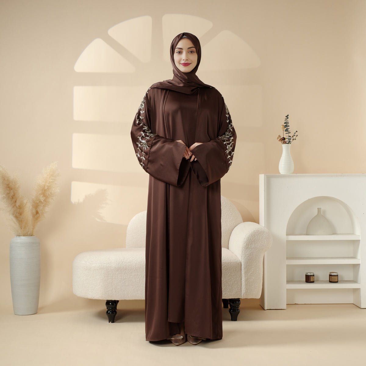 Perfect for Eid Celebrations Elegant Dark Brown Three - Piece Bead Embroidery Eid Abaya (MOA112) - Mariam's Collection