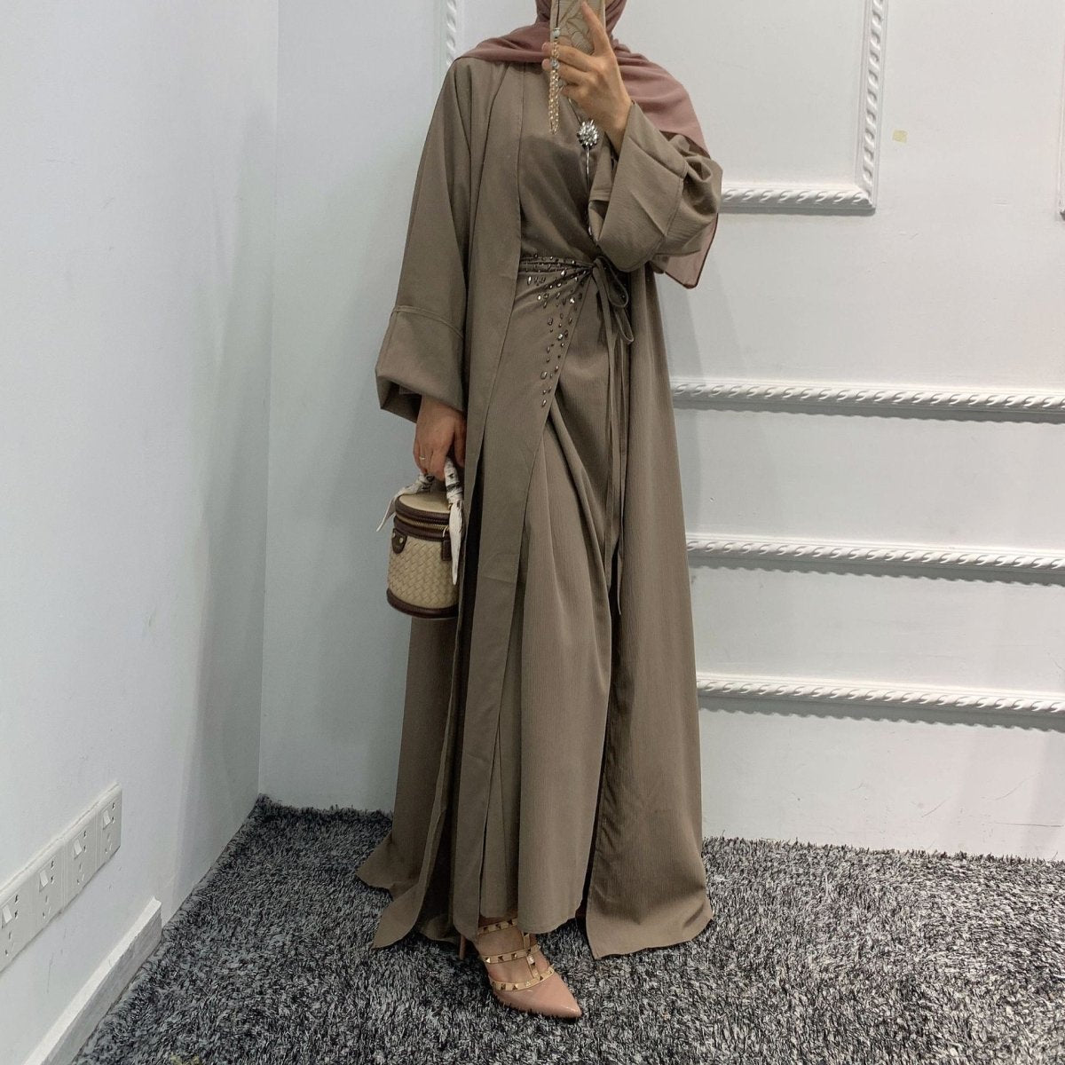Pineapple Crinkle Solid Color Elegant Open Abaya 3 - Piece Set (MOA131) - Mariam's Collection