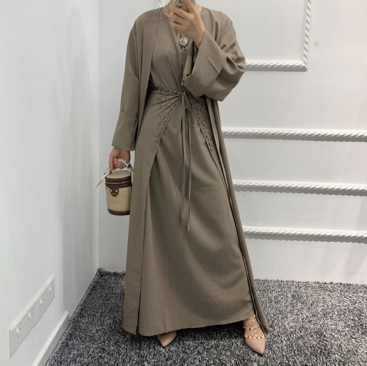 Pineapple Crinkle Solid Color Elegant Open Abaya 3 - Piece Set (MOA131) - Mariam's Collection