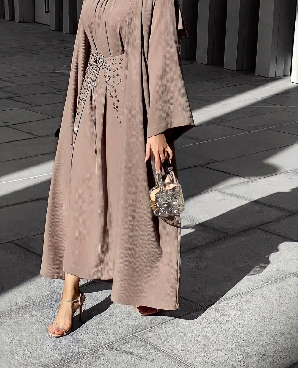 Pineapple Crinkle Solid Color Elegant Open Abaya 3 - Piece Set (MOA131) - Mariam's Collection