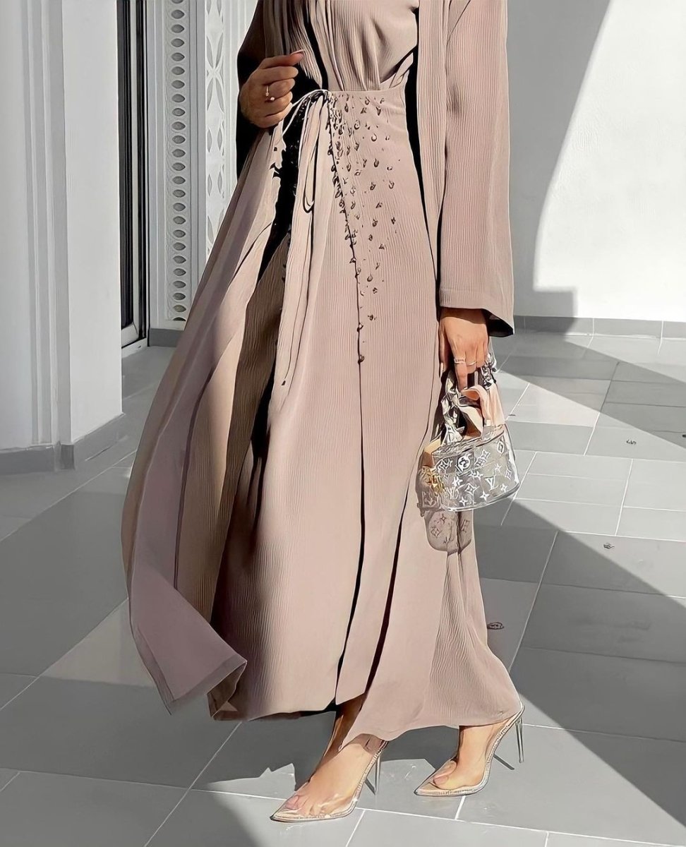 Pineapple Crinkle Solid Color Elegant Open Abaya 3 - Piece Set (MOA131) - Mariam's Collection