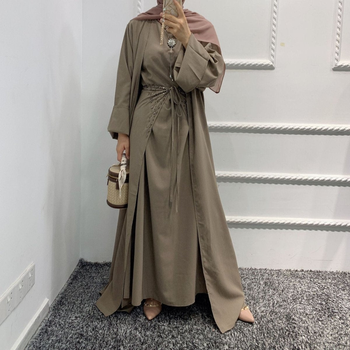 Pineapple Crinkle Solid Color Elegant Open Abaya 3 - Piece Set (MOA131) - Mariam's Collection
