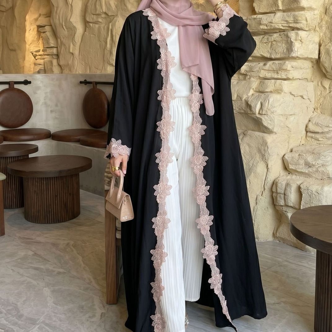 Pink Floral Lace-Trim Open Abaya(MOA333) - Mariam's Collection
